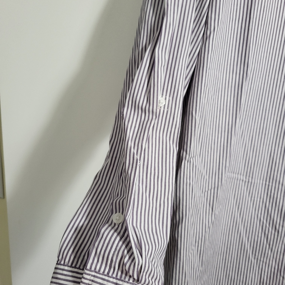 Gloria Vanderbilt gray white stripe button down shirt women's L #2237 - Picture 3 of 8